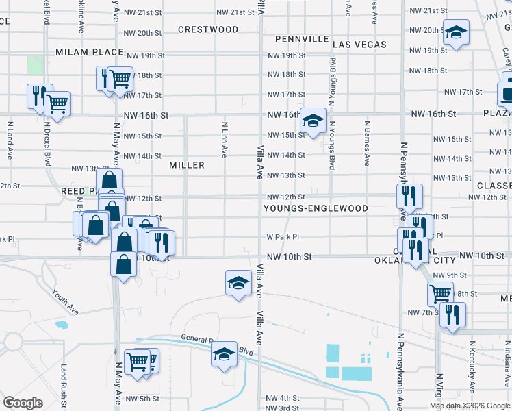 map of restaurants, bars, coffee shops, grocery stores, and more near 1205 North Villa Avenue in Oklahoma City