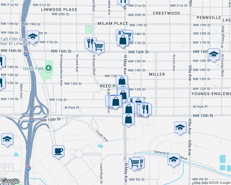 map of restaurants, bars, coffee shops, grocery stores, and more near 1208 North Brookline Avenue in Oklahoma City