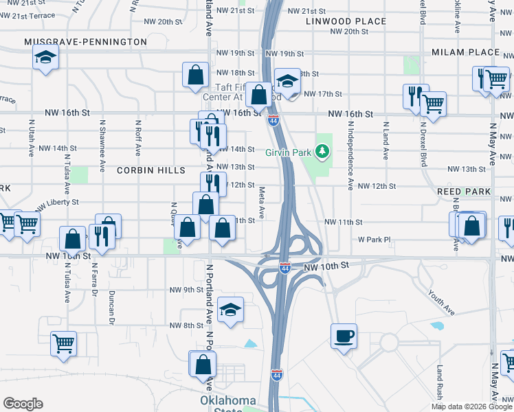 map of restaurants, bars, coffee shops, grocery stores, and more near 1208 North Saint Clair Avenue in Oklahoma City