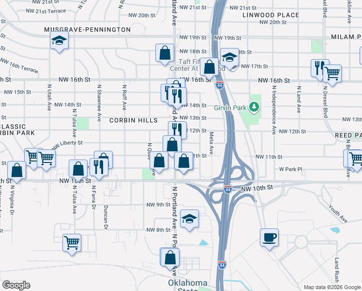 map of restaurants, bars, coffee shops, grocery stores, and more near 3629 Northwest 11th Street in Oklahoma City