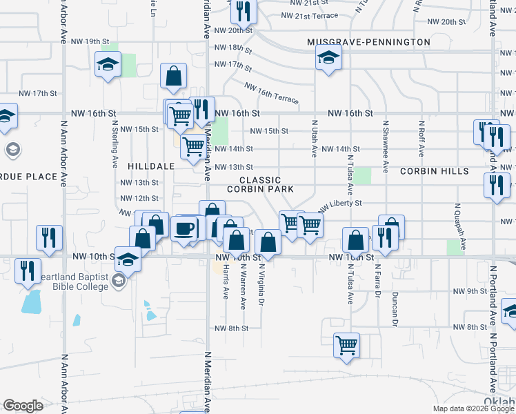 map of restaurants, bars, coffee shops, grocery stores, and more near 1216 North Warren Place in Oklahoma City