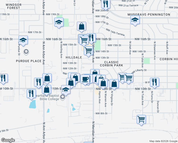 map of restaurants, bars, coffee shops, grocery stores, and more near 4509 Northwest 11th Street in Oklahoma City