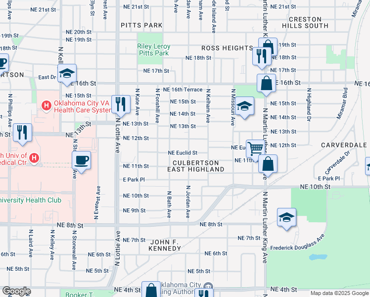 map of restaurants, bars, coffee shops, grocery stores, and more near 1529 Northeast Euclid Street in Oklahoma City