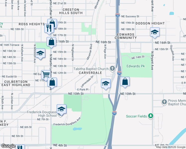 map of restaurants, bars, coffee shops, grocery stores, and more near 1209 Frederick Douglass Avenue in Oklahoma City