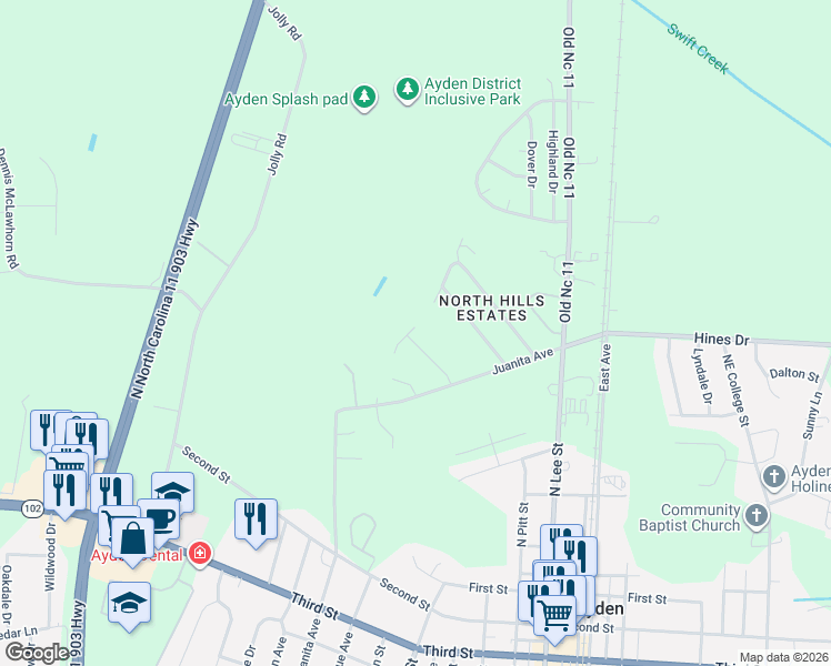 map of restaurants, bars, coffee shops, grocery stores, and more near 3801 North Hills Drive in Ayden
