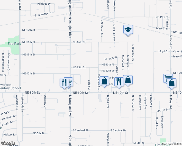 map of restaurants, bars, coffee shops, grocery stores, and more near 1305 Marydale Avenue in Midwest City