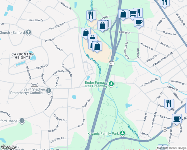 map of restaurants, bars, coffee shops, grocery stores, and more near 1612 Porches Way in Sanford