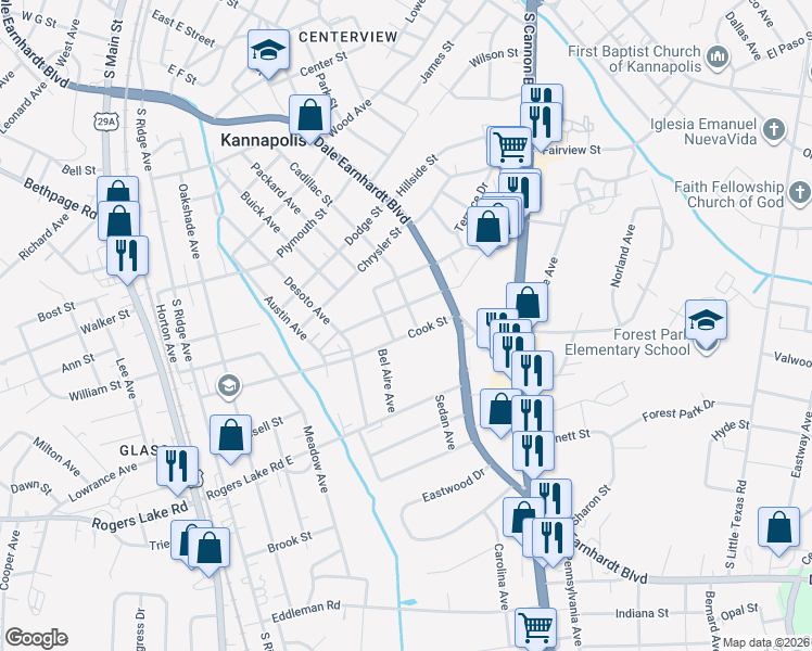 map of restaurants, bars, coffee shops, grocery stores, and more near 508 Cook Street in Kannapolis