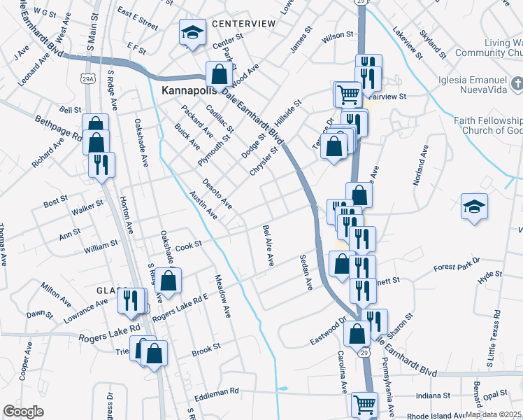 map of restaurants, bars, coffee shops, grocery stores, and more near 411 Cook Street in Kannapolis