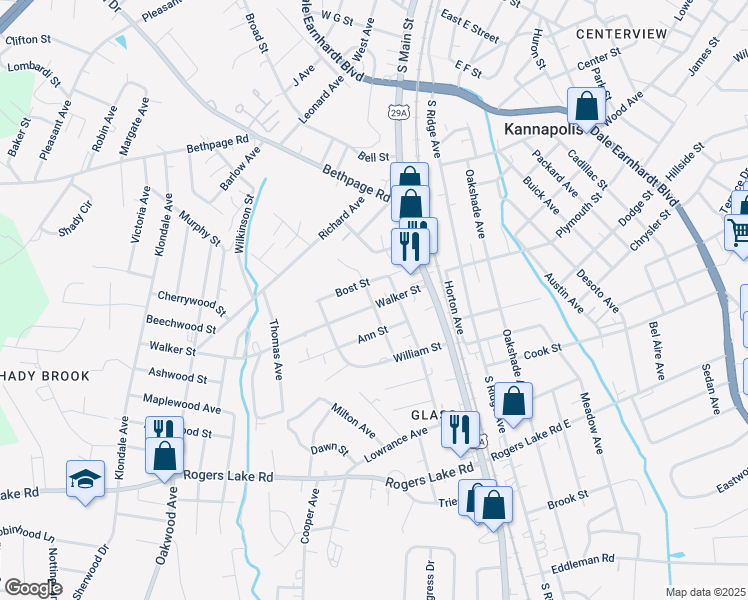 map of restaurants, bars, coffee shops, grocery stores, and more near 303 Walker Street in Kannapolis