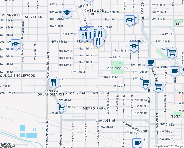 map of restaurants, bars, coffee shops, grocery stores, and more near 1737 Northwest 11th Street in Oklahoma City