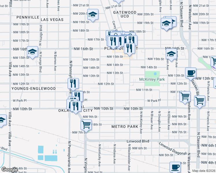map of restaurants, bars, coffee shops, grocery stores, and more near 1817 Northwest 11th Street in Oklahoma City
