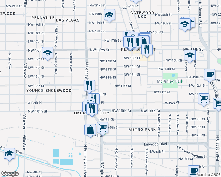 map of restaurants, bars, coffee shops, grocery stores, and more near 1901 Northwest 11th Street in Oklahoma City