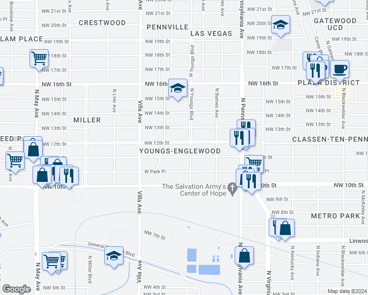 map of restaurants, bars, coffee shops, grocery stores, and more near 2301 Northwest 11th Street in Oklahoma City