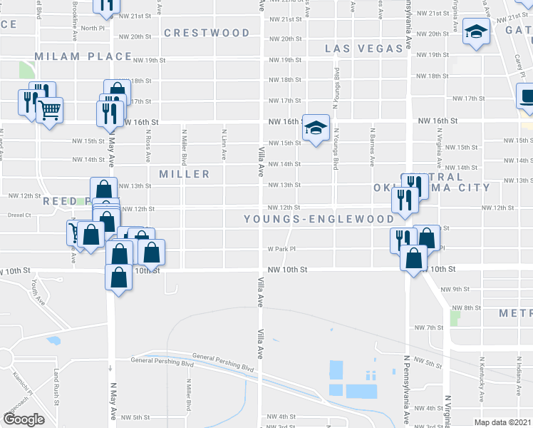 map of restaurants, bars, coffee shops, grocery stores, and more near 1205 North Villa Avenue in Oklahoma City