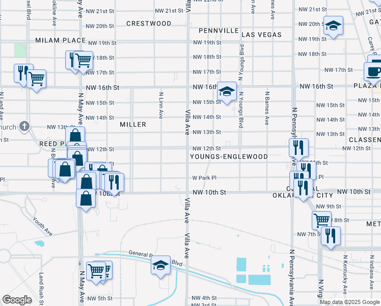 map of restaurants, bars, coffee shops, grocery stores, and more near 1205 North Villa Avenue in Oklahoma City