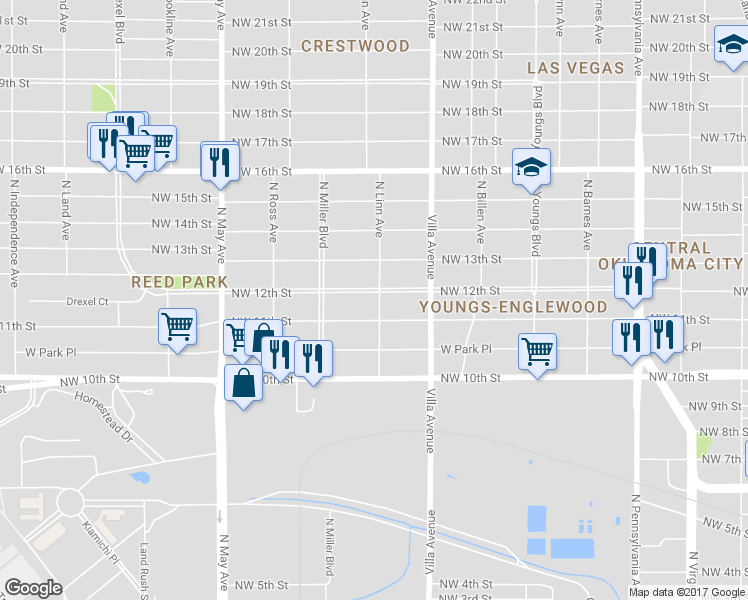 map of restaurants, bars, coffee shops, grocery stores, and more near 2541 Northwest 11th Street in Oklahoma City
