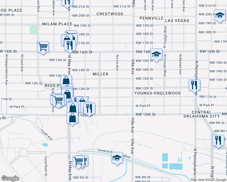 map of restaurants, bars, coffee shops, grocery stores, and more near 2625 Northwest 11th Street in Oklahoma City