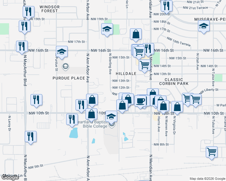 map of restaurants, bars, coffee shops, grocery stores, and more near 1212 Northwest 11th Street in Oklahoma City