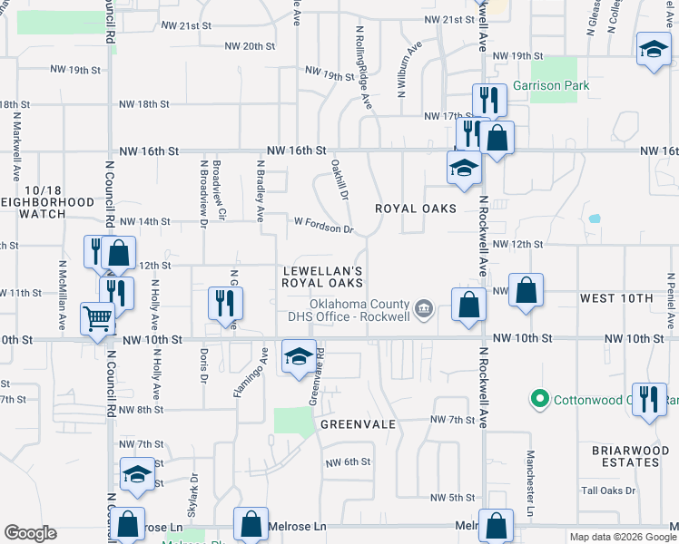 map of restaurants, bars, coffee shops, grocery stores, and more near 7508 Northwest 12th Place in Oklahoma City