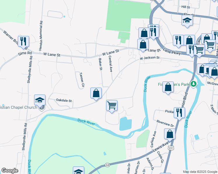 map of restaurants, bars, coffee shops, grocery stores, and more near West Jackson Street in Shelbyville