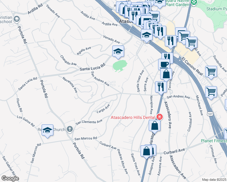 map of restaurants, bars, coffee shops, grocery stores, and more near 7000 San Andres Avenue in Atascadero