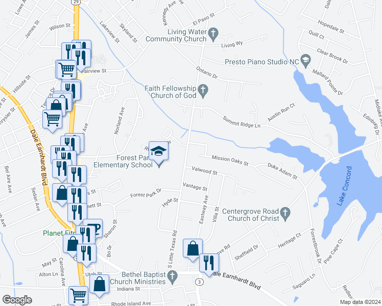 map of restaurants, bars, coffee shops, grocery stores, and more near 1695 Mission Oaks Street in Kannapolis