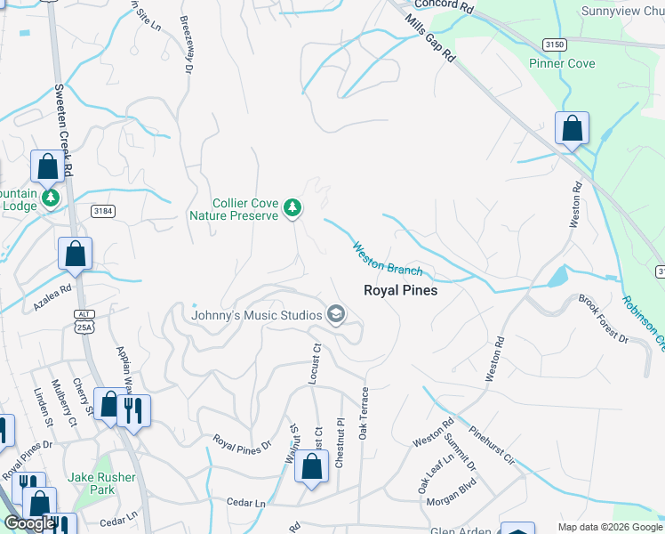 map of restaurants, bars, coffee shops, grocery stores, and more near 190 Mount Royal Drive in Arden