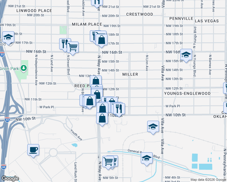 map of restaurants, bars, coffee shops, grocery stores, and more near 2733 Northwest 11th Street in Oklahoma City