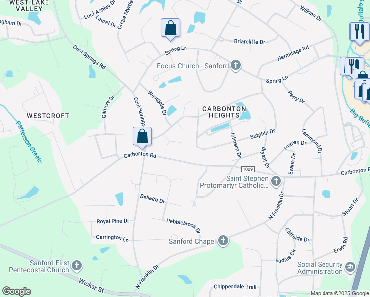 map of restaurants, bars, coffee shops, grocery stores, and more near 2305 Grassmere Court in Sanford