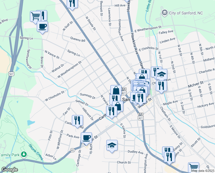 map of restaurants, bars, coffee shops, grocery stores, and more near 319 Summitt Drive in Sanford