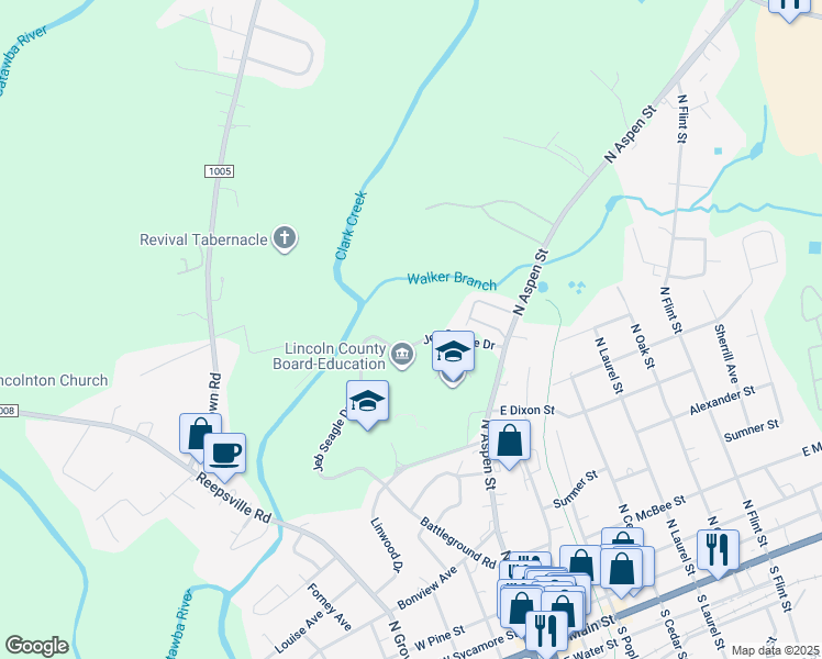 map of restaurants, bars, coffee shops, grocery stores, and more near 931 North Aspen Street in Lincolnton