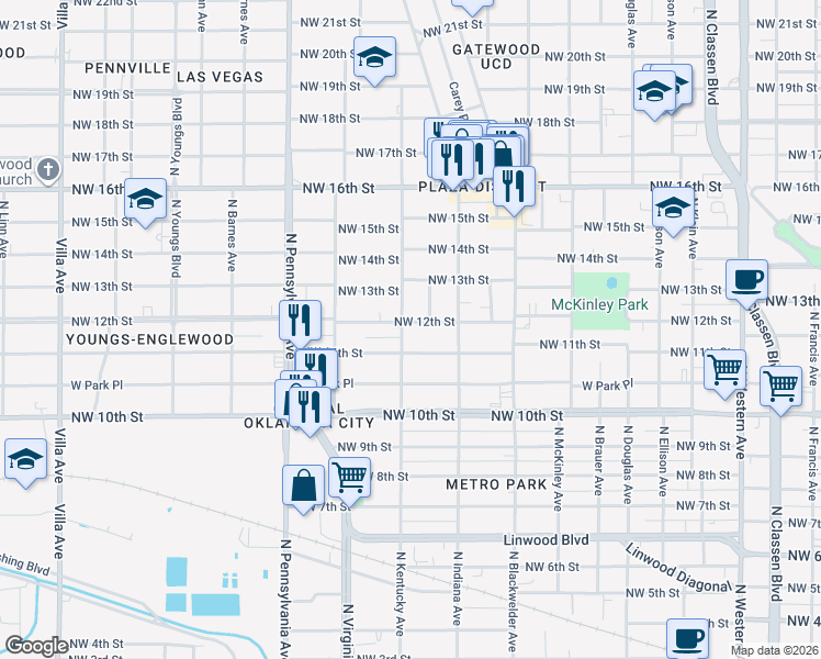 map of restaurants, bars, coffee shops, grocery stores, and more near 1901 Northwest 11th Street in Oklahoma City