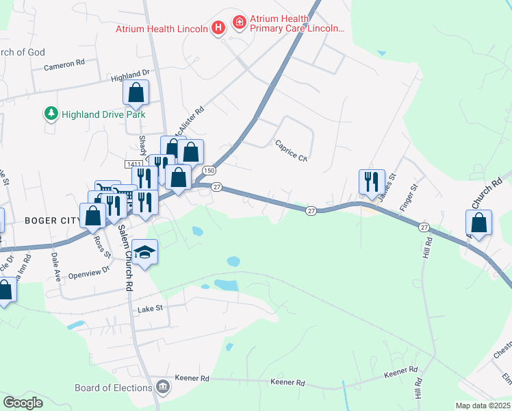 map of restaurants, bars, coffee shops, grocery stores, and more near 2830 North Carolina 27 in Lincolnton