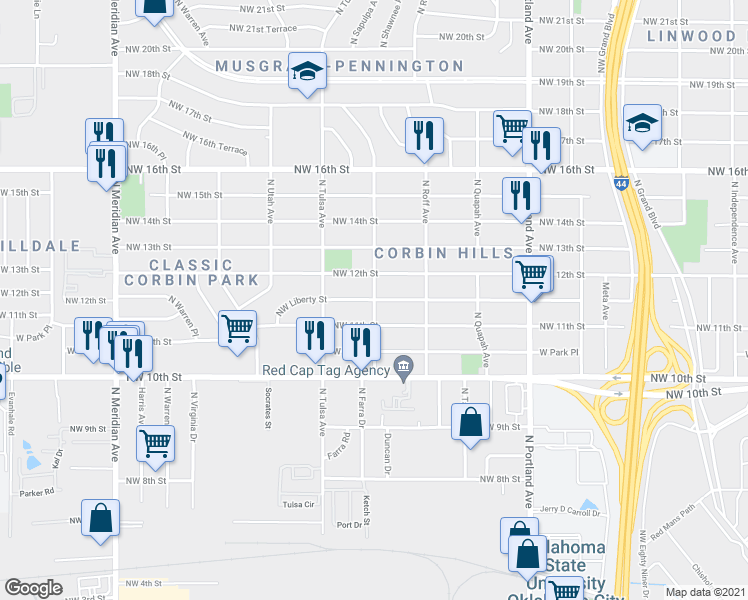 map of restaurants, bars, coffee shops, grocery stores, and more near Northwest Liberty Street in Oklahoma City