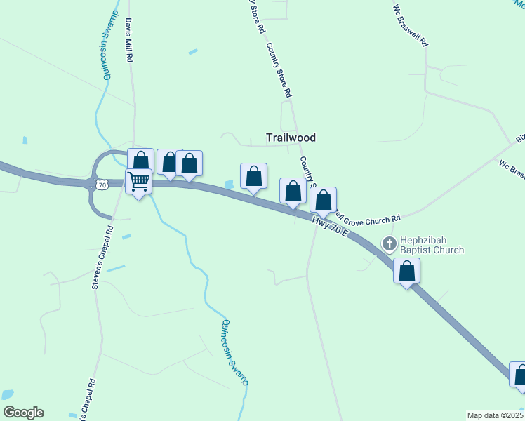 map of restaurants, bars, coffee shops, grocery stores, and more near US Highway 70 East in Smithfield