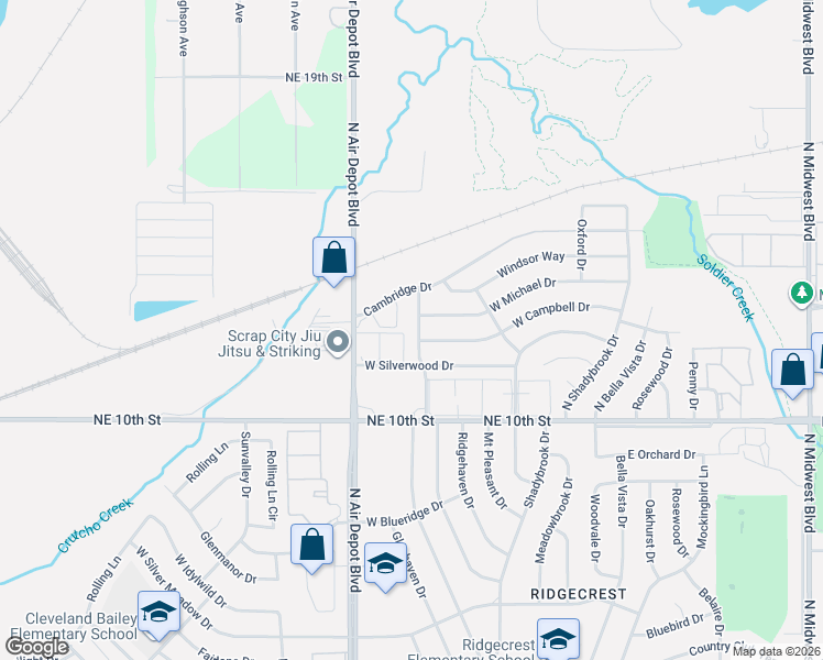 map of restaurants, bars, coffee shops, grocery stores, and more near 4007 North Oak Grove Drive in Midwest City