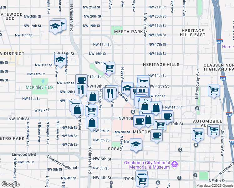 map of restaurants, bars, coffee shops, grocery stores, and more near 1226 North Shartel Avenue in Oklahoma City