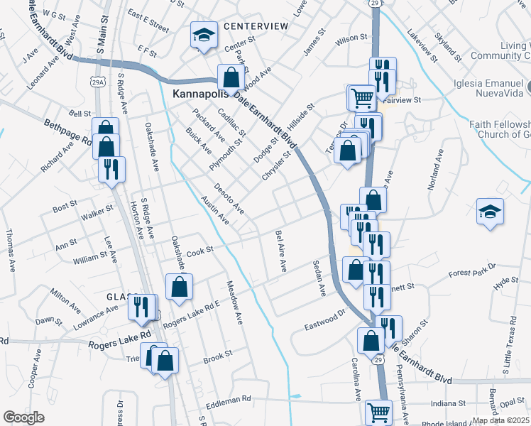 map of restaurants, bars, coffee shops, grocery stores, and more near 411 Cook Street in Kannapolis