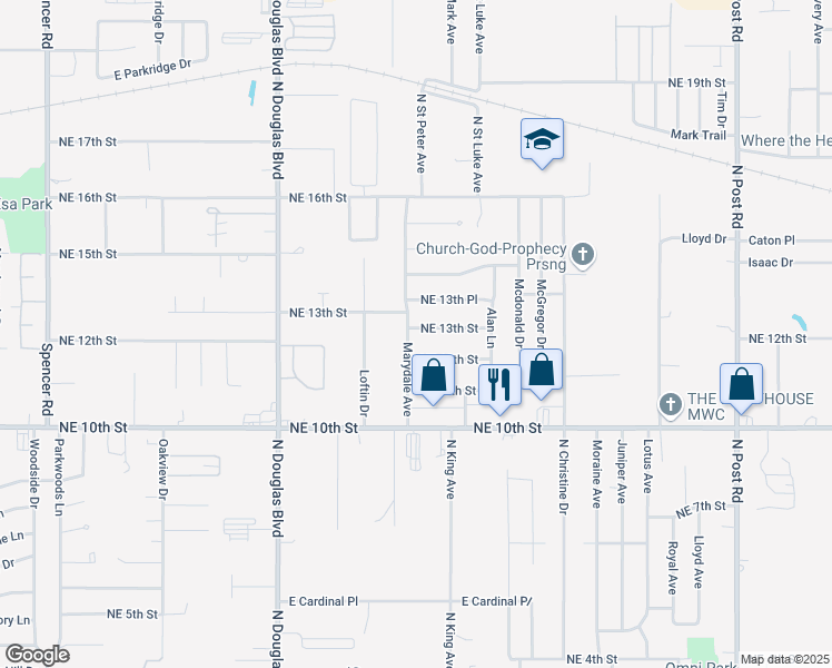 map of restaurants, bars, coffee shops, grocery stores, and more near 9309 Northeast 12th Street in Midwest City