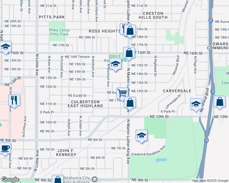 map of restaurants, bars, coffee shops, grocery stores, and more near 1808 Northeast Euclid Street in Oklahoma City