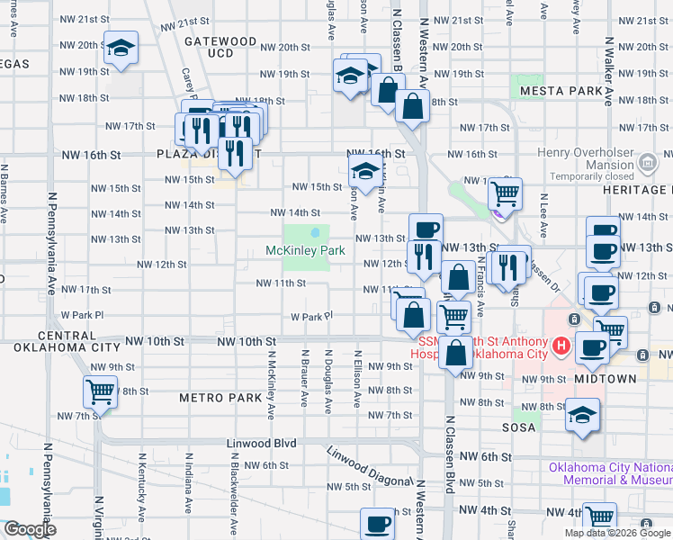map of restaurants, bars, coffee shops, grocery stores, and more near 1321 Northwest 11th Street in Oklahoma City