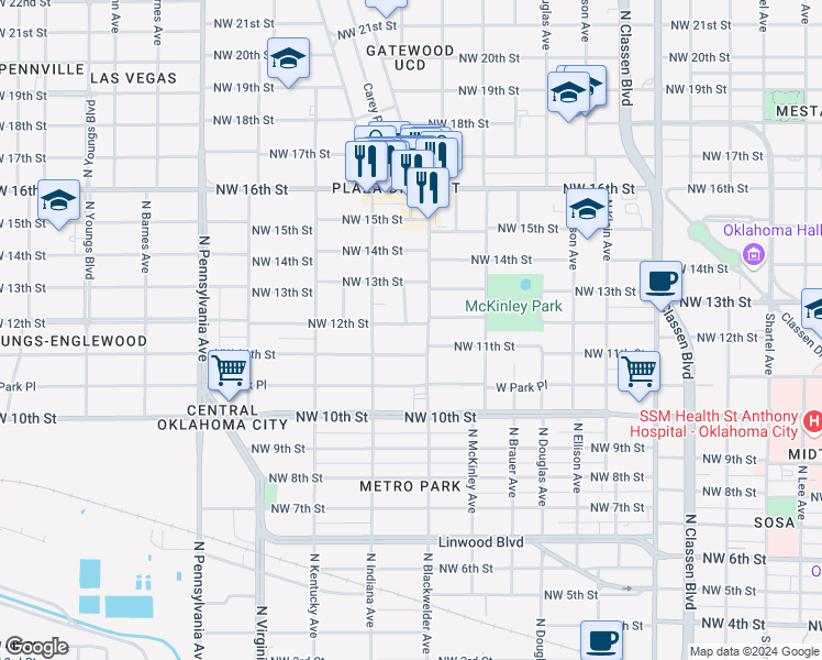 map of restaurants, bars, coffee shops, grocery stores, and more near 1209 North Blackwelder Avenue in Oklahoma City