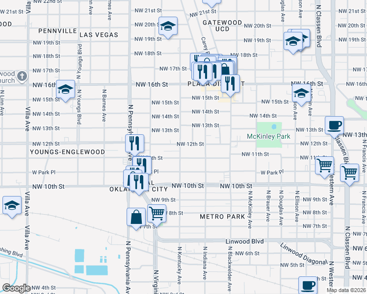 map of restaurants, bars, coffee shops, grocery stores, and more near 1901 Northwest 11th Street in Oklahoma City