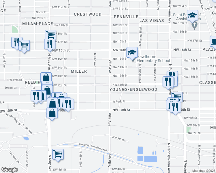 map of restaurants, bars, coffee shops, grocery stores, and more near 1205 North Villa Avenue in Oklahoma City