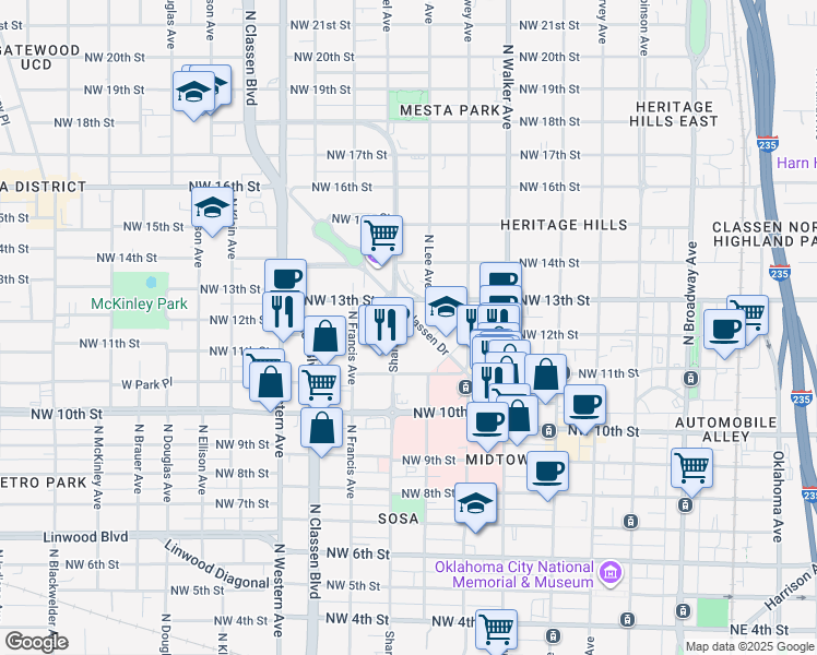 map of restaurants, bars, coffee shops, grocery stores, and more near 1226 North Shartel Avenue in Oklahoma City