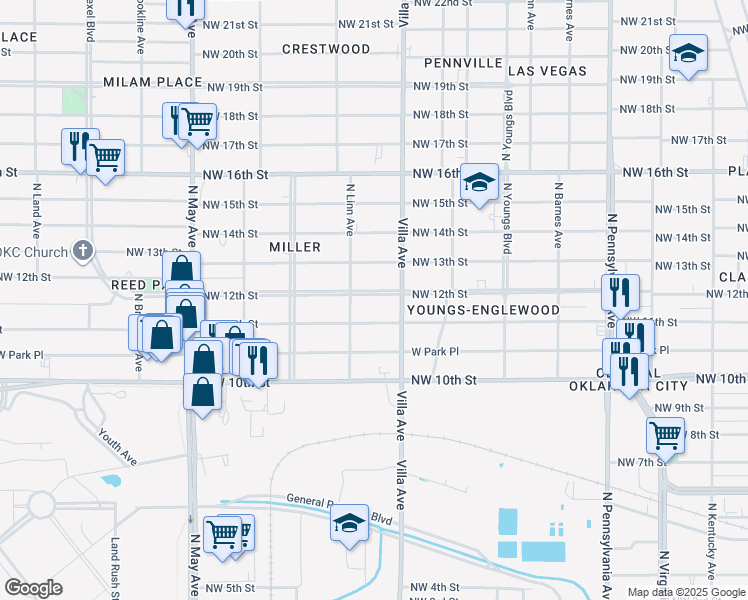 map of restaurants, bars, coffee shops, grocery stores, and more near 2541 Northwest 11th Street in Oklahoma City