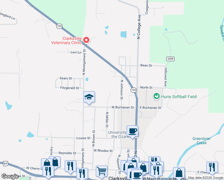 map of restaurants, bars, coffee shops, grocery stores, and more near 818 North Miller Street in Clarksville
