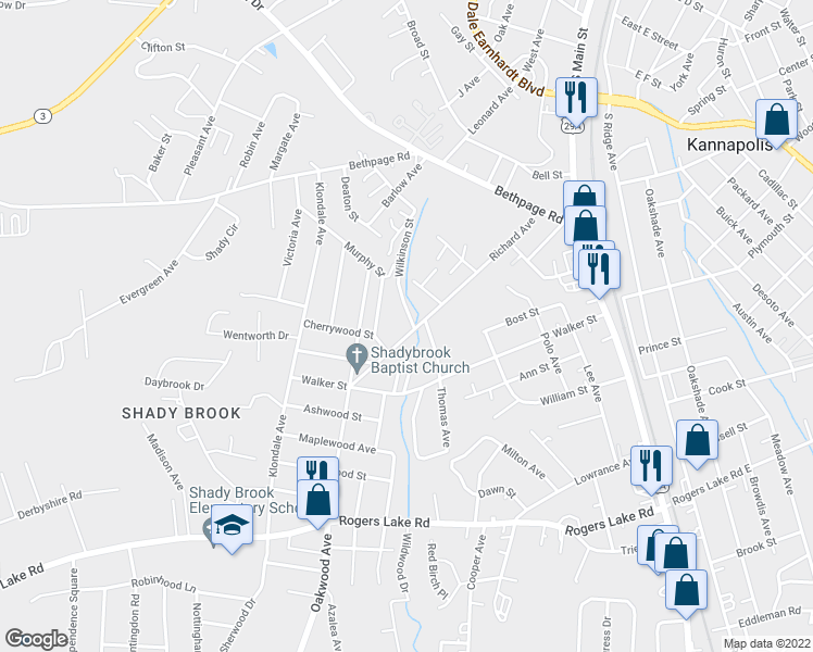 map of restaurants, bars, coffee shops, grocery stores, and more near 1004 Richard Avenue in Kannapolis