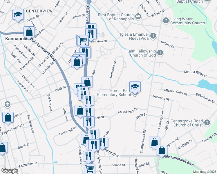 map of restaurants, bars, coffee shops, grocery stores, and more near 906 McLain Road in Kannapolis